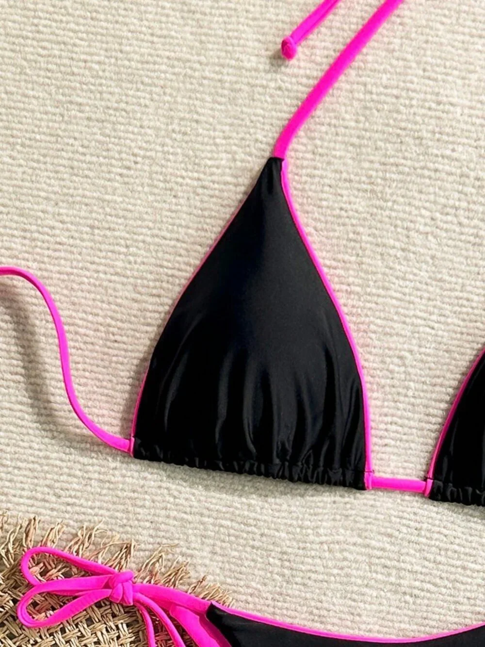 Black pink Brocade Sexy Women's Leopard Print Spaghetti Strap Tie Bikini Set